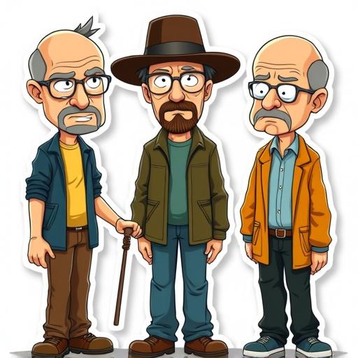 Cartoon stickers inspired by Breaking Bad characters. Includes three characters resembling iconic roles. Set against a white background. Designed for A4 size. Contains vibrant colors and playful elements. Suitable for merchandise and promotional materials.