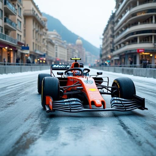 Formula 1 car on iced road in Monaco. Car is a McLaren model. Streets are empty and scenic. Winter atmosphere with soft lighting.