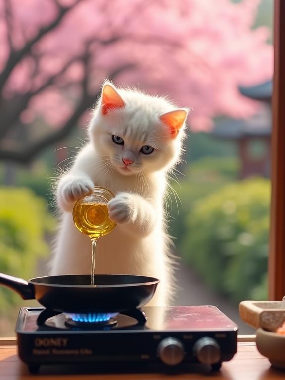 White cat stands upright and pours golden cooking oil from a clear glass bottle into a black frying pan. The pan sits on a portable gas stove with blue flame. The setting is a serene outdoor Japanese garden with pink cherry blossoms and traditional houses in the background. Image shows warm colors and sharp focus on the cat.