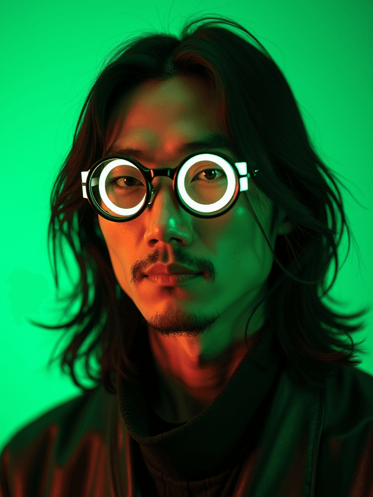 A person with illuminated circular glasses against a vibrant green backdrop.