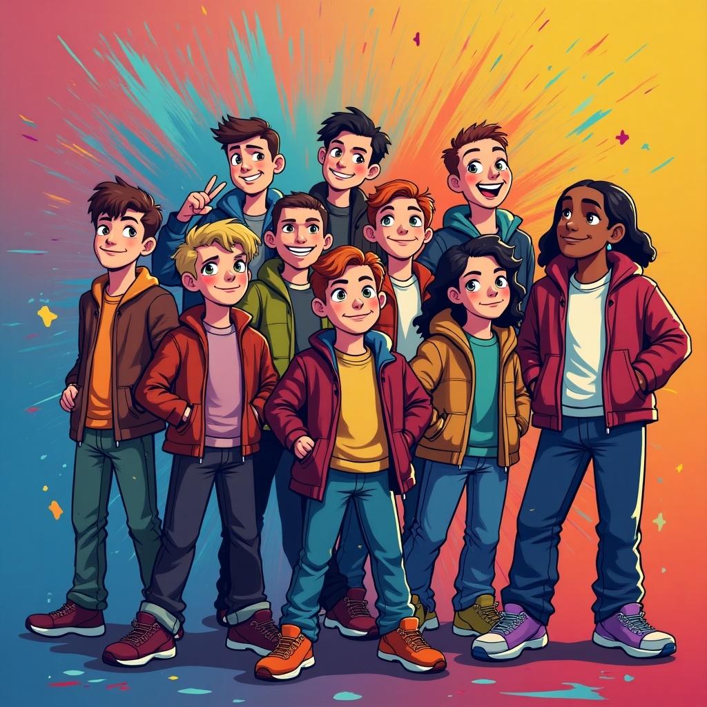 Colorful illustration featuring a vibrant group of children posing together. Their outfits are casual and colorful against a dynamic backdrop of splashes and colors. The image illustrates themes of friendship and youth culture.