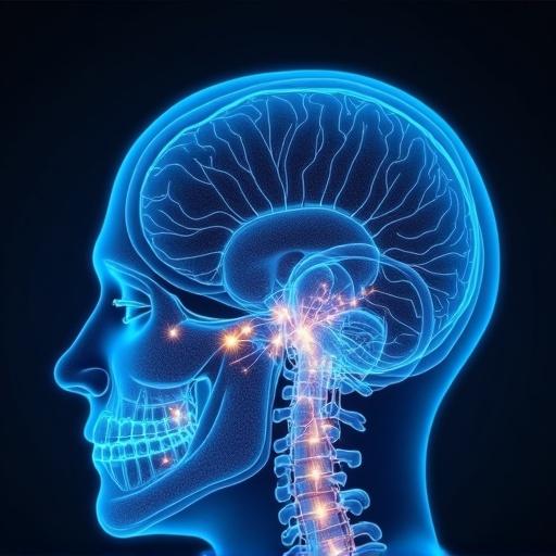 A tunnel device designed for whole body photobiomodulation featuring sensors. The image showcases a human head with a detailed, glowing brain and spinal cord representation.