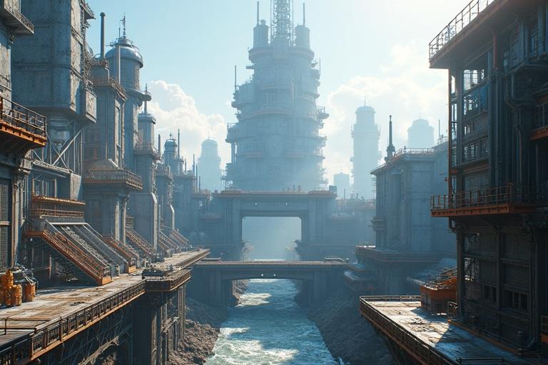 Create an image of a futuristic outdoor military shipyard base with sleek designs and numerous pipelines. Include metal steps and ladders leading to high towers, a large construction pit, and a metal bridge over a flowing river. Showcase a wide metal platform and tall metallic structures under a bright white blue sky with detailed textures and shadows in high resolution.