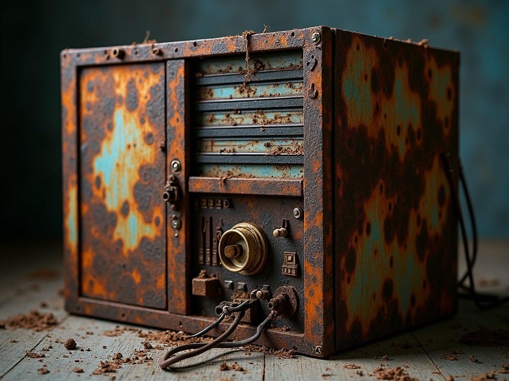 This image features a weathered, rusty server box with a combination of orange and teal colors. The rusty exterior suggests years of neglect and age. Its intricate details, such as the worn knobs and locking mechanism, add a historical touch. The surrounding area is scattered with what appears to be dirt or rust, enhancing the aged look. The soft lighting accentuates the textures and colors of the metal. This image is suitable for those searching for vintage tech aesthetics.