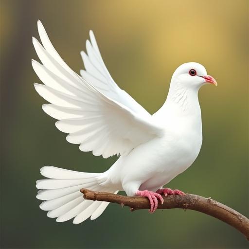 A happy white dove is perched on a branch with its wings outstretched. The background is soft with warm colors. The atmosphere appears serene and peaceful.
