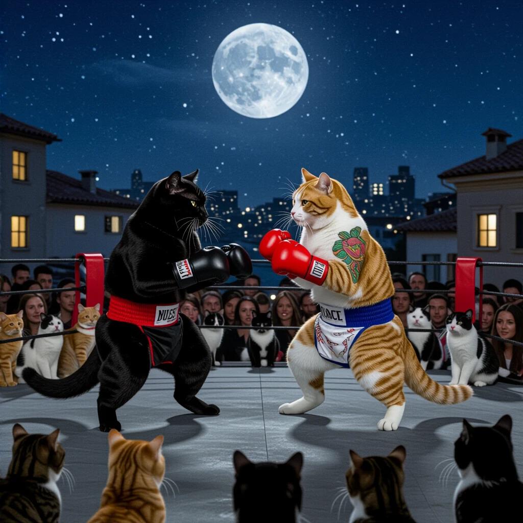 Night scene on a rooftop in a big city illuminated by a full moon. Two muscular cats with boxing gloves and champion belts are in fighting stance surrounded by a crowd of cheering cats. The style resembles a clandestine feline UFC event. One cat is black with scars on its face; the other is orange and white with a fish tattoo on its arm. The setting is dramatic with strong lighting and details like broken bricks, torn posters, and a cat referee wearing sunglasses. Semi-realistic style with humorous touches.