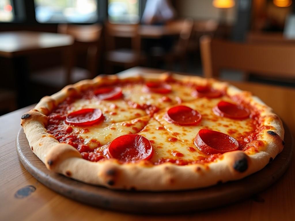 A close-up photograph of a fresh pepperoni pizza on a wooden table, inside a restaurant setting, showing melted cheese and slices of pepperoni, with blurred background.