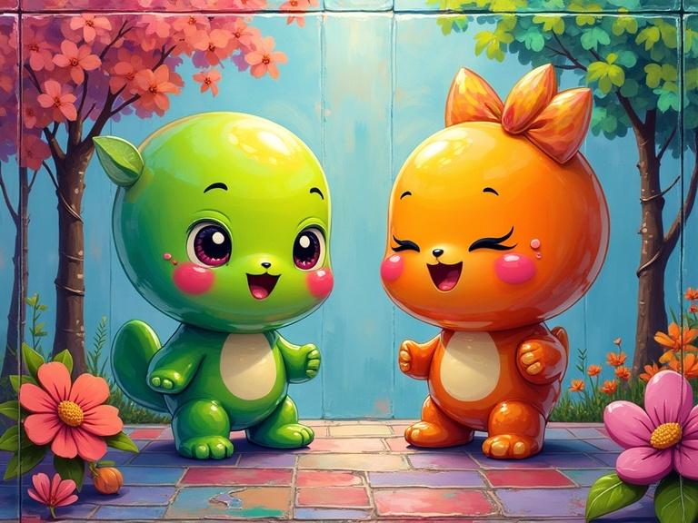 Two chibi characters with delighted expressions. One is lime green, and the other is bright orange. They meet in a colorful park filled with flowers and trees. The artwork features neon hues and playful design elements.