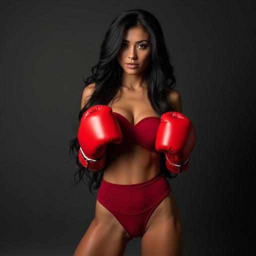Female boxer wearing red boxing gloves. Black long hair styled loosely. Standing in a confident boxing stance. Dressed in a matching red outfit. Dark studio background enhances focus on the subject.