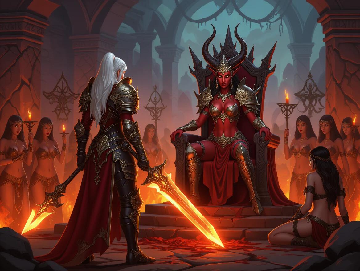 A fantasy scene set in a mystical environment. A Demon Queen sits on a throne with an aura of power. A Paladin and Barbarian stand back to back, prepared for battle. The setting includes lava and an ominous sky. Surrounding them are priestesses performing a ritual.