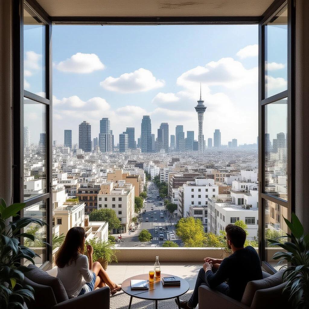 A stunning view of Tel Aviv from an apartment. Two people are sitting in a modern setting enjoying the view. The city skyline is visible with a famous tower. The atmosphere is relaxed and inviting. Natural light fills the room and highlights the cityscape.