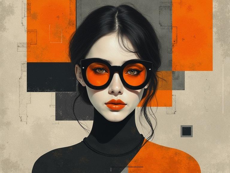 Person with large orange-tinted glasses in front of a textured background. Geometric shapes in orange and grey create a cubist effect. Fragmented design adds to the abstract aesthetic.