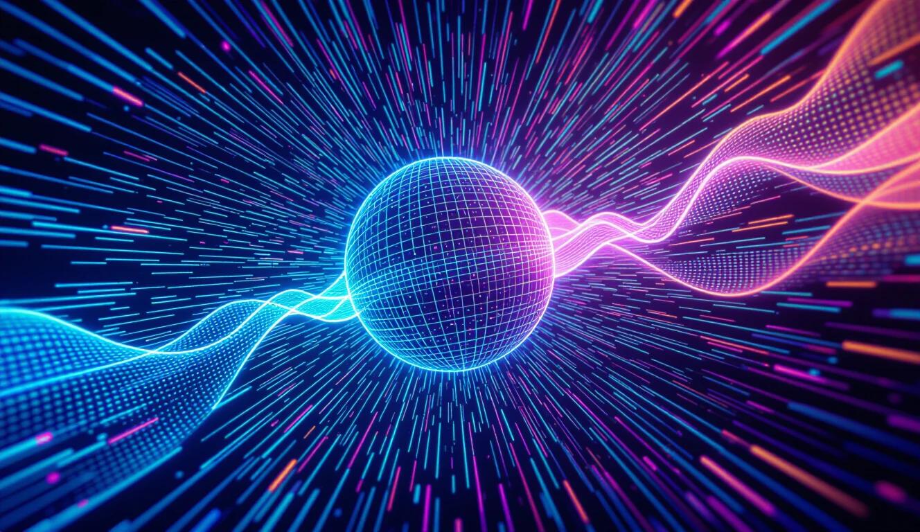 Hyper-realistic 3D render of a shimmering ethereal entity floating in digital space. Cascading data streams surround it with shifting colors in a kaleidoscope of patterns. Intricate details pulse with life, creating futuristic elegance.