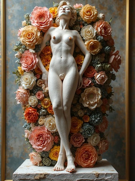 A sculptural depiction of a nude figure surrounded by various flowers. The artwork evokes a sense of elegance and beauty, merging the human form with natural elements.