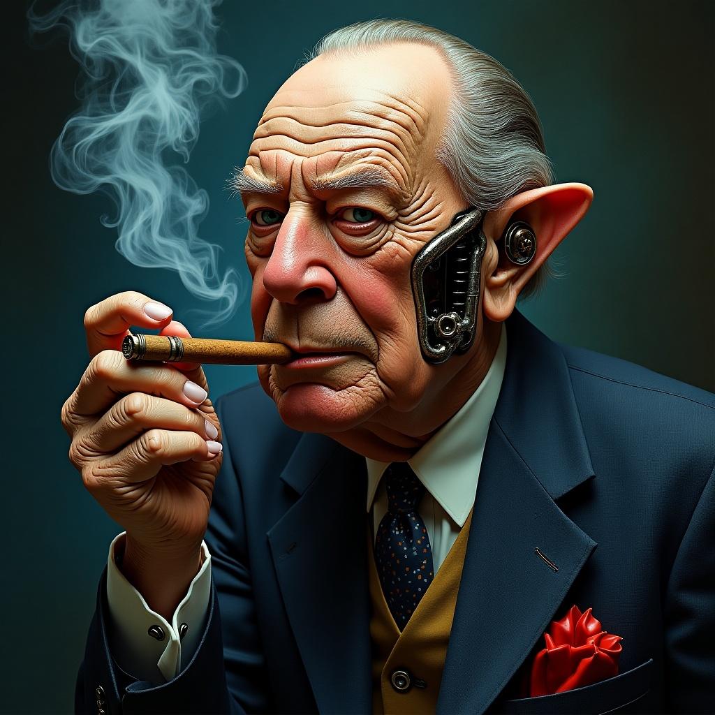 A surreal portrait of a distinguished elderly man with futuristic features. He is smoking a cigar, wearing a suit with a pocket square. The style is influenced by H.R. Giger and David Cronenberg, creating a blend of realism and the surreal.