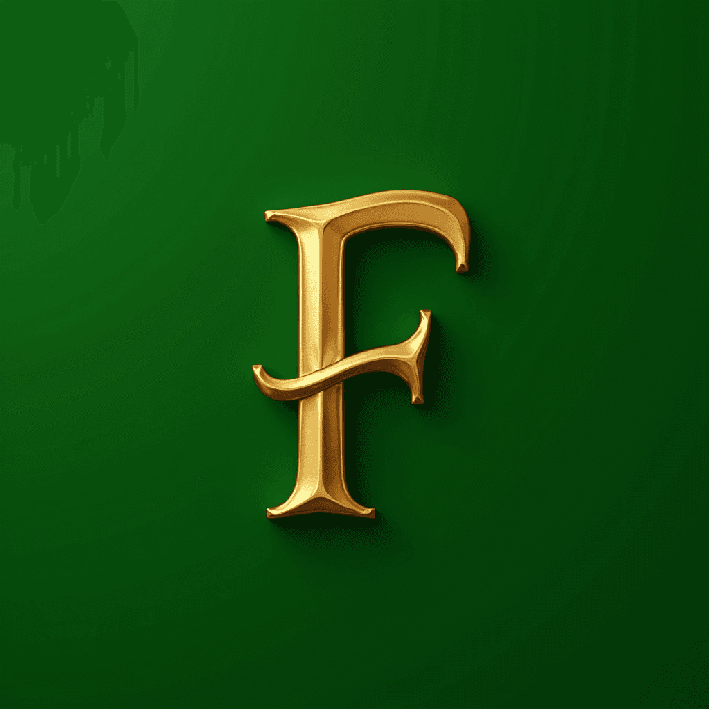 A gold, ornate capital letter F on a rich green background.