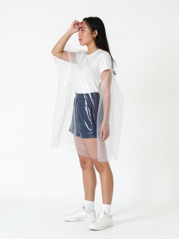 A person standing sideways in a plain white background. Wearing a white t-shirt and dark blue shorts. Dressed in a wet, transparent raincoat. Hand raised to forehead, left arm extended. Showcasing outfit details and textures against a minimalistic backdrop.