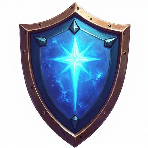 Icon representation of a magic shield designed for a card game. Size is 48 x 48 pixels. Artwork in the fantasy style reminiscent of World of Warcraft with a transparent background.