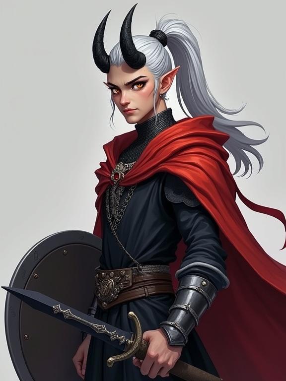 Digital painting of a male tiefling character. Tall with ash-gray skin and amber eyes. Silver hair tied in a high ponytail. Sleek black horns and wearing a chainmail shirt. Ash-red cloak draped over shoulders. Holding a black longsword and a shield. High details and expressive shadows in a stylized illustration.