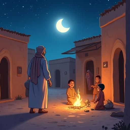 Illustration of Umar ibn al-Khattab walking quietly in ancient Madinah at night under the moonlight. He is depicted as a tall, noble Arab man wearing a simple robe and headscarf, surrounded by a peaceful scene of narrow streets. The atmosphere is calm and warm, with soft shadows enhancing the storytelling mood.