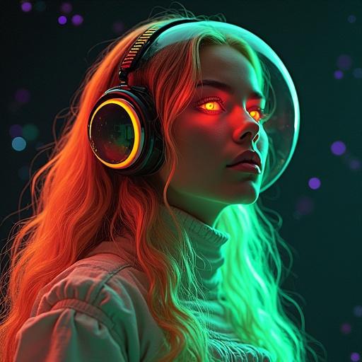 Female character with neon green and orange colors. Bright colorful background resembling outer space. Details include constellations and ambient light effects. Modern artistic influence includes OpenGL shaders.
