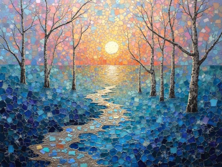 Abstract landscape artwork created with iridescent ceramic tile and glass mosaic techniques. Features a sunset over water with trees along the bank. Incorporates encaustic mixed media elements in an ethereal style.