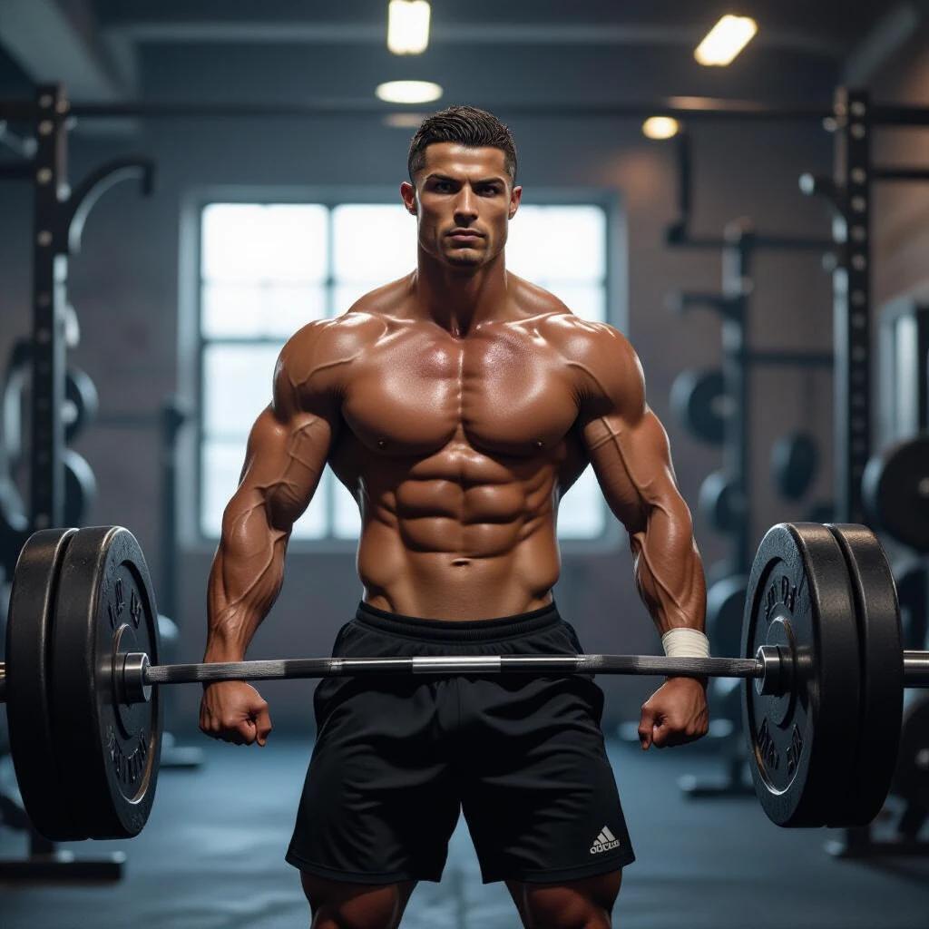 Bodybuilder training in hardcore gym environment. Heavy weights lifted intensely. Physique shows prominent muscle definition and veins. Sweat present on skin. Dressed in stringer tank top and shorts. Gritty lighting enhances atmosphere. Chalk dust unclear in air.