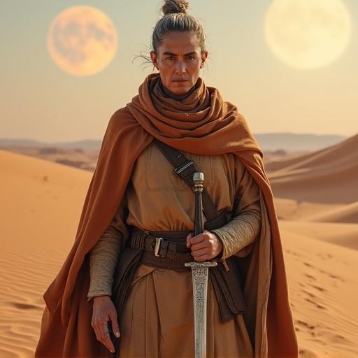 Photorealistic rendering of a desert nomad leader in an arid landscape. Mature individual with weathered skin, silver-flecked hair, and piercing gray eyes. Wearing layered stillsuit and flowing overcloak. Right hand on curved hilt of ceremonial crysknife. Background shows rolling dunes, twin moons, and distant canyon outline. Texture of stitching and boot scuffs highlighted. Illuminated by warm light casting shadows.