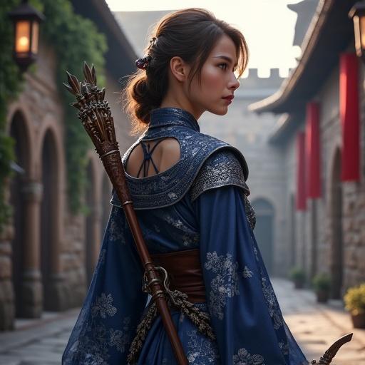 A 25-year-old female scout in indigo kimono-inspired armor. Features silver cherry blossom patterns. She has medium-length chestnut brown hair, calm eyes, and a gentle smile. Carries a yumi bow on her back. Background shows a medieval fortress courtyard at twilight with stone walls and lanterns.