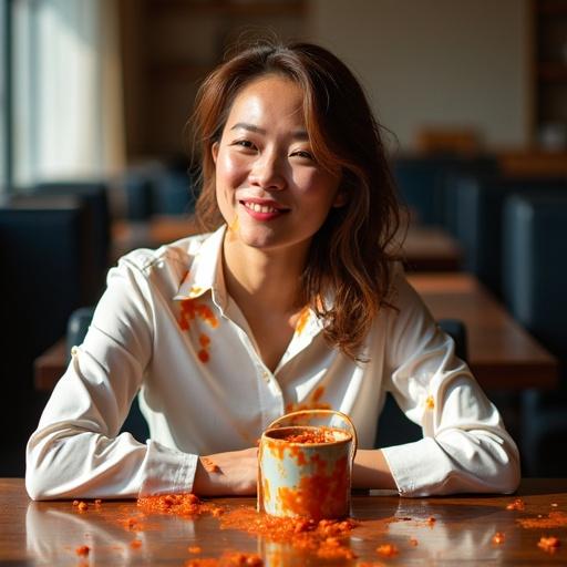 Photo of a woman in a restaurant. Waiter pours bucket of beans with sauce on her. White satin shirt covered in bean sauce. Blue leggings. Woman laughing. Surprised diners in background. Natural light highlights textures of sauce.