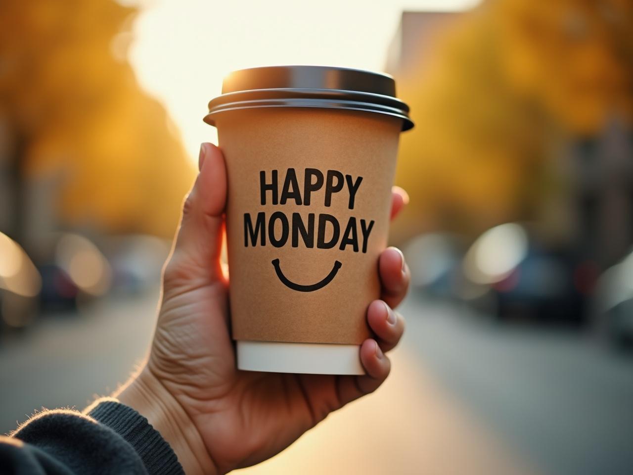 A hand holds a brown disposable coffee cup. The cup reads 'HAPPY MONDAY' with a smiley face. Background is blurred with warm yellow tones. Scene captures a fresh morning atmosphere in an outdoor street setting.