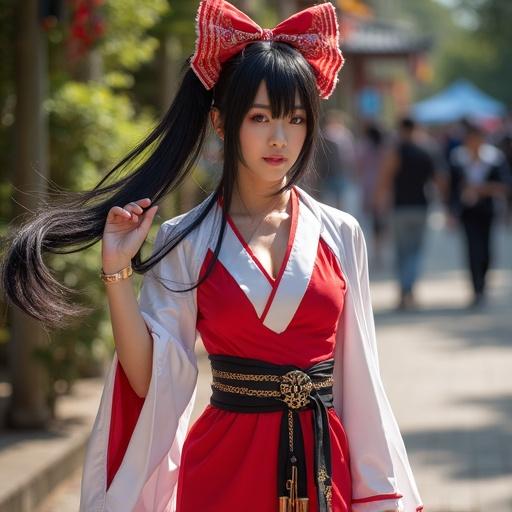 Japanese woman dressed as Mai Shiranui stands outdoors. She wears a vibrant red outfit and has long black hair with a decorative bow.
