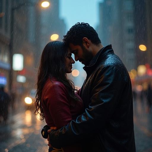 A couple stands close together embracing each other in the rain. The setting is a rainy urban environment at night, featuring blurred city lights in the background. The couple appears intimate and affectionate against the backdrop of a wet atmosphere.