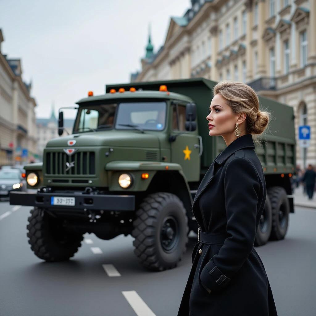 Woman stands on the street with a Soviet military truck in the background. Photography showcases the truck's details, capturing urban atmosphere and modern fashion appeal.