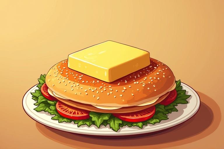 Illustration of a burger with a big block of butter on top. The burger includes lettuce and tomato. The background is absent.