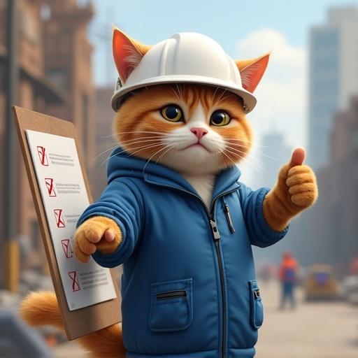 Realistic cat wearing a white helmet. Cat has a blue work jacket. Cat is on a construction site doing a safety check. Cat is pointing at a checklist with one paw. Cat has a serious expression. View is from the side, in Genba Neko style. Cat gives thumbs up with one paw, looking confident.