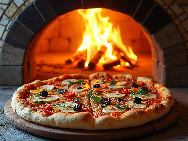Pizza with cherry tomatoes and herbs in focus. Blazing brick oven in the background. Warm light creates inviting atmosphere. Highlighting cooking craftsmanship.
