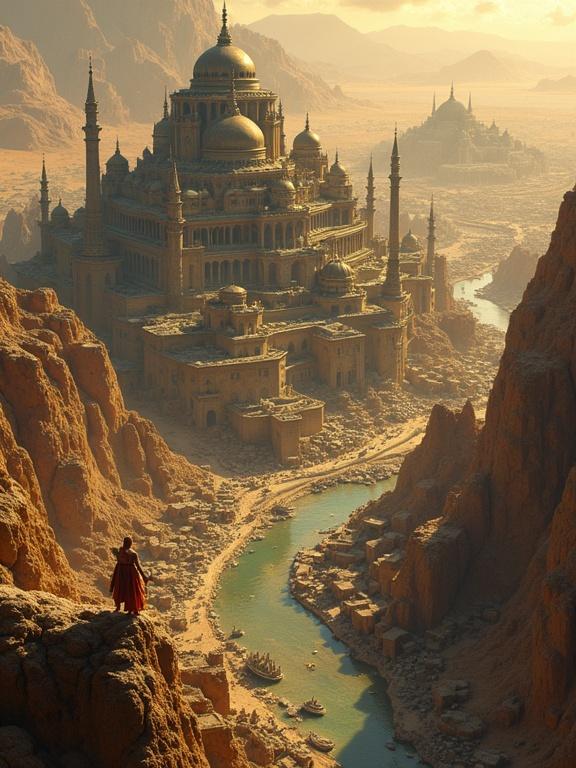 A top-down aerial view of a sprawling metropolis on arid cliffs with obsidian minarets and golden domes. A detailed illustration featuring lush gardens, merchant galleys, and crumbling slums. The city contrasts luxury and despair under a scorching desert sun, with intricate patterns and surreal shadows.