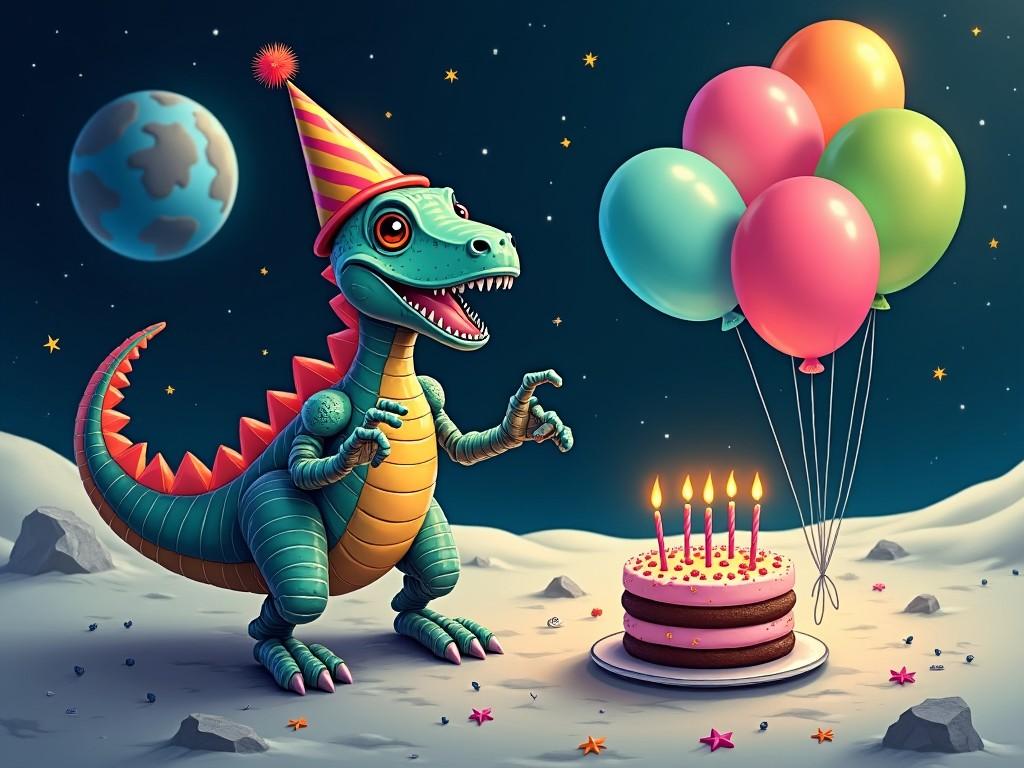 A cartoon dinosaur wearing a party hat, standing on the moon, celebrating a birthday with balloons and a cake with lit candles in a whimsical setting.