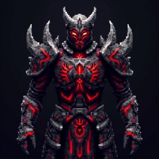 Pixel art style Minecraft armor texture inspired by Skyrim's Daedric Armor. Features black metal with glowing red highlights and a jagged, menacing design. Resolution is 64x64 with a clean layout.