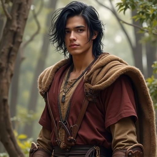 A male character standing in a forest. He wears medieval fantasy clothing like a tunic and leather. Accessories include a beaded necklace and a medieval backpack. He has a humorous and mischievous personality with an emotional side. Long black hair with a side-swept fringe and hazel eyes. He has a fit build and six-pack abs.