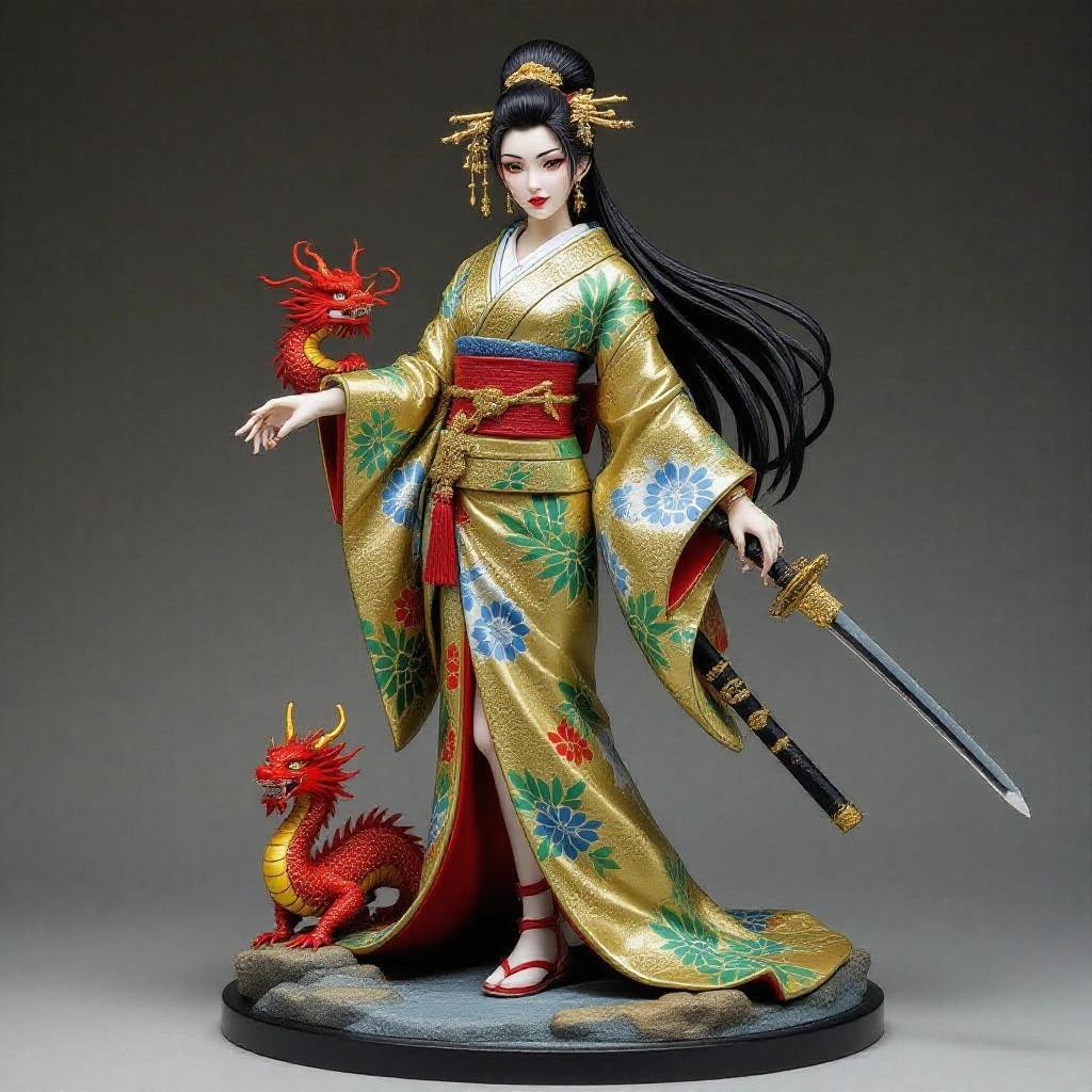Resin figure of a beautiful Asian woman inspired by Mula. She wears a tight, traditional Japanese kimono in gold, blue, green. Long hair tied back in a high bun with gold embellishments. Elegant, powerful pose. On her shoulder, a small red dragon. In hand, a long sword and a cricket. Determined gaze. Rock base. Neutral background. Realistic detailed sculpture with resin finish.