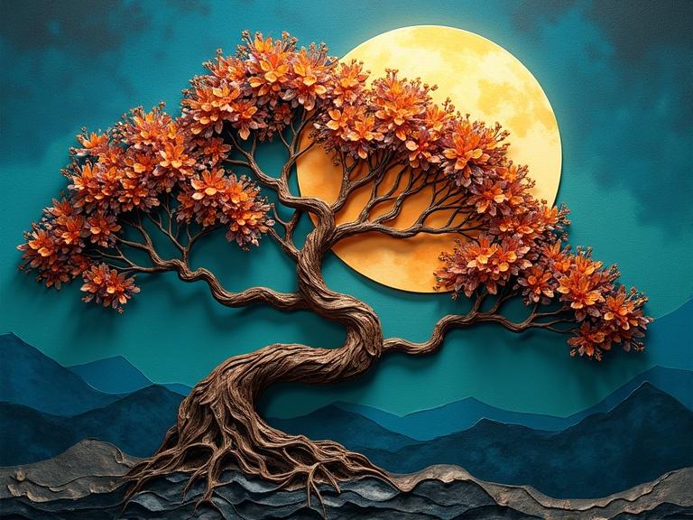 Origami paper folds created a twisted bonsai tree. Colors of gold and bronze appear in leaves under a full moon glow. Background shows a blue sky with distant mountains. Abstract squares made from thick paint create texture. Soft focus adds a dreamy quality to the panoramic scene.