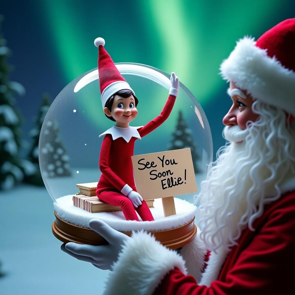 Elf character in Christmas colors holds a sign. Scene inside a snow globe. Santa Claus is holding the snow globe. Magical northern lights are in the background.