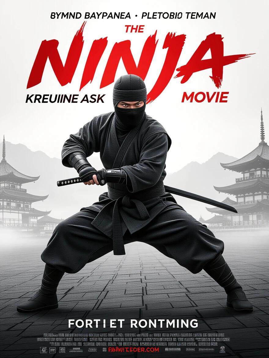 A poster featuring a ninja in an action pose. The background includes traditional Asian architecture. The title prominently displays 'The Ninja Movie' in bold red letters. Additional elements like swords and an intense atmosphere amplify the theme.