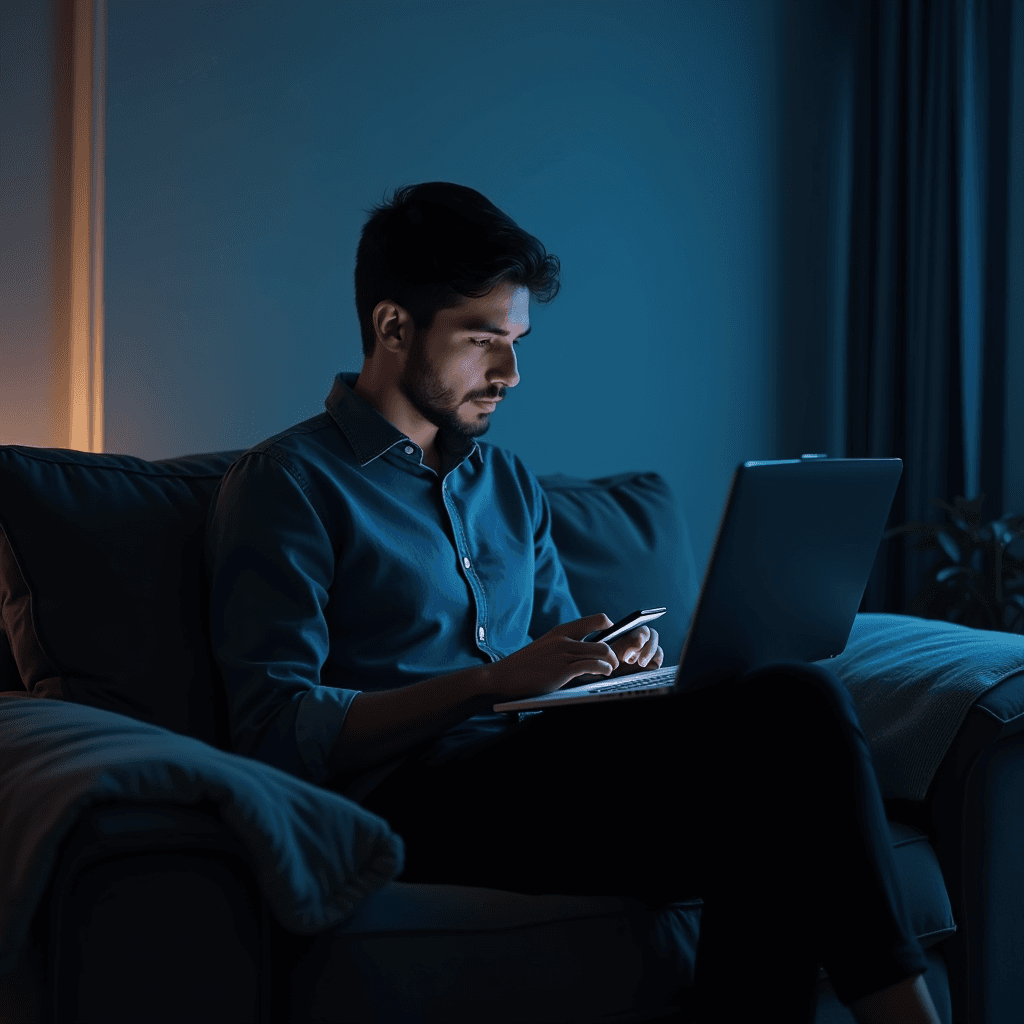 The image depicts a man sitting on a comfortable sofa in a dimly lit room, engaging with a laptop. The lighting casts a soft, warm glow on his face, creating an intimate and focused atmosphere. The man has short dark hair and is wearing a dark blue, long-sleeved shirt, which blends well with the muted tones of the room. He appears to be in a modern, cozy living space, indicated by the presence of the couch and subtle background elements. A smartphone is in his hand, suggesting multitasking or cross-referencing information while working on the laptop.