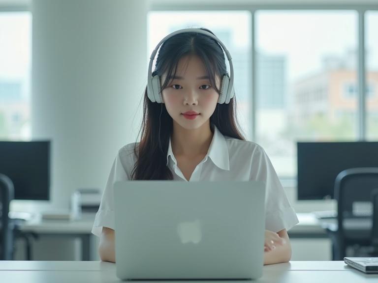 Ultra-realistic image of a young office assistant, head to thighs, in a modern office. She wears over-ear headphones and professional attire. The workspace is clean and softly lit.