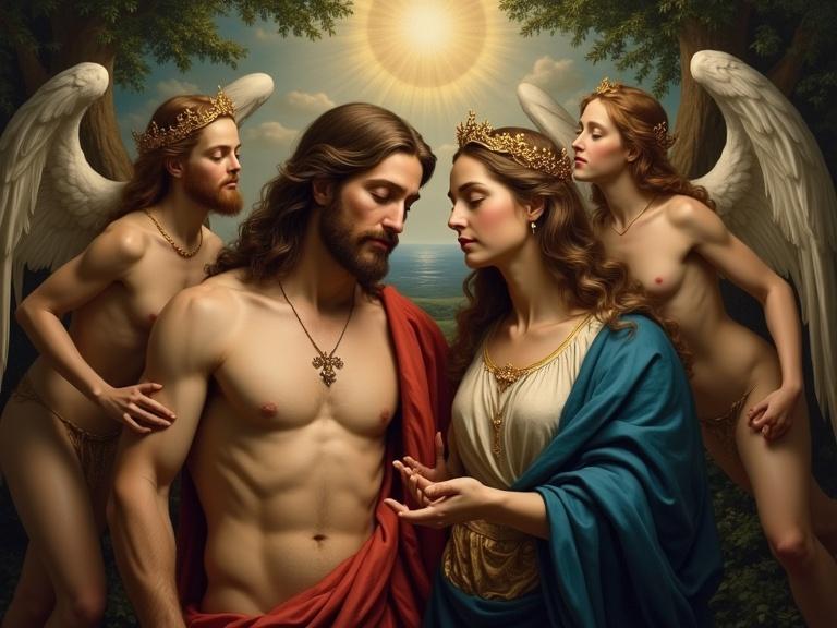 Portrait of Jesus and La Madonna in paradise. Angels are present. Soft light and ethereal atmosphere surrounding them.