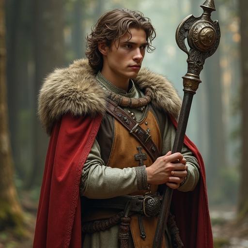 Young male hobbit cleric of Solana in a forest. He wears a long red cloak with a fur collar. A warhammer is held firmly in one hand. The atmosphere is mystical and enchanting. Natural light filters through the trees.