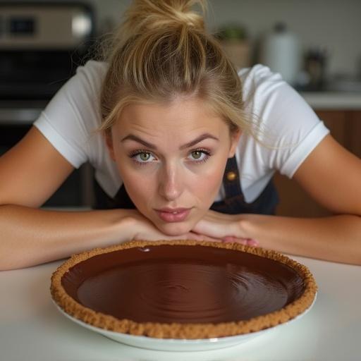 A blonde woman leans over a counter with her chin and forehead in a chocolate pie. Only the edges of her face are visible. She wears overall shorts.